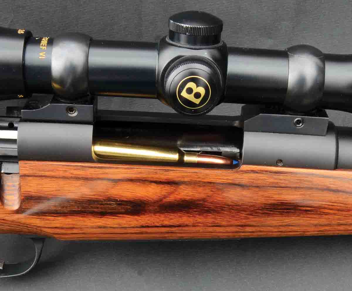 The lengthy magazine and long chamber throat of Layne’s .25-284 rifle allow bullets to be seated out to cartridge overall lengths of 3.050 inches. This increases net capacity of the cartridge when compared to the original .25-284, which was held to a bit less than 2.800 inches.